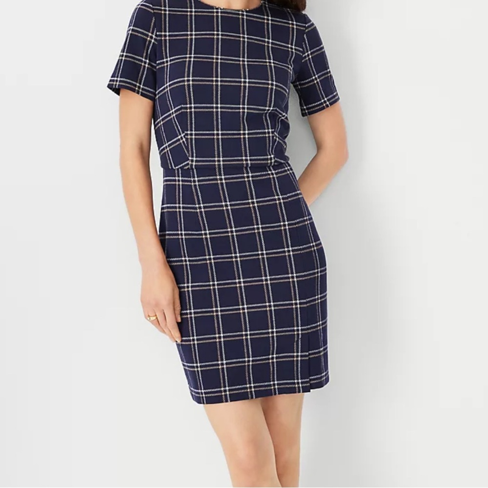 Ann Taylor Navy Plaid Short-Sleeve Midi Dress